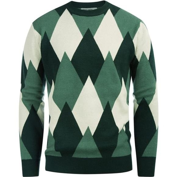 Men's Retro Argyle Sweater Long Sleeve Slim Fit Crewneck Pullover Sweater